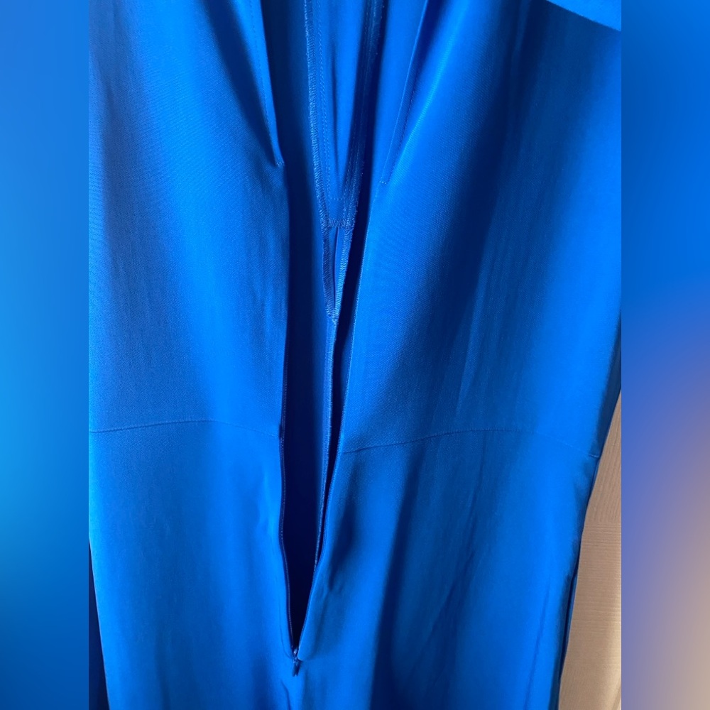 🆕REISS Libby Cobalt Blue Mock Neck Fit & Flare Asymmetrical Hem Midi Dress 8 - Picture 11 of 15